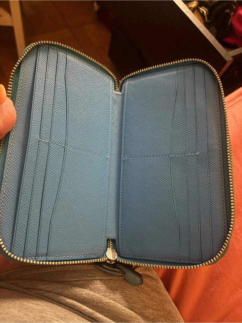 Coach Teal Leather Zip Wristlet Wallet with Gold Hardware